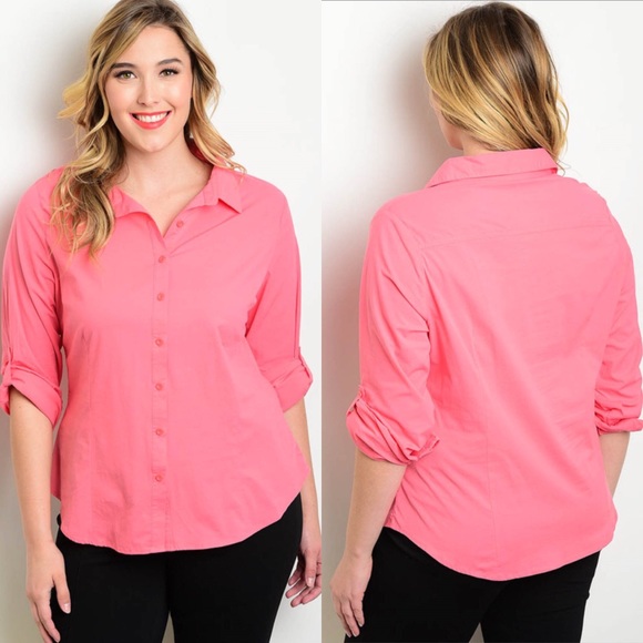 Plus Size -Coral Botton Down Blouse - Picture 3 of 3